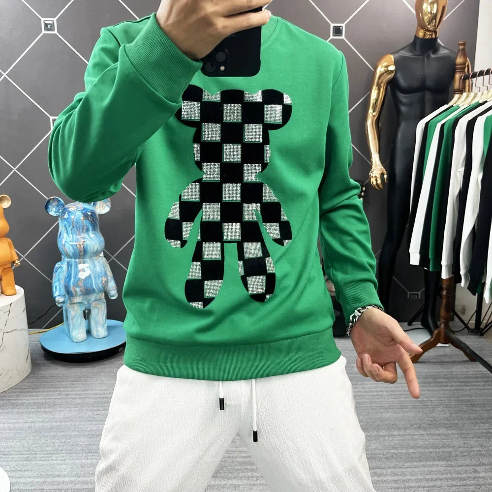 Men's O-Neck Rhinestone Checkered Teddy Bear Streetwear Sweatshirt