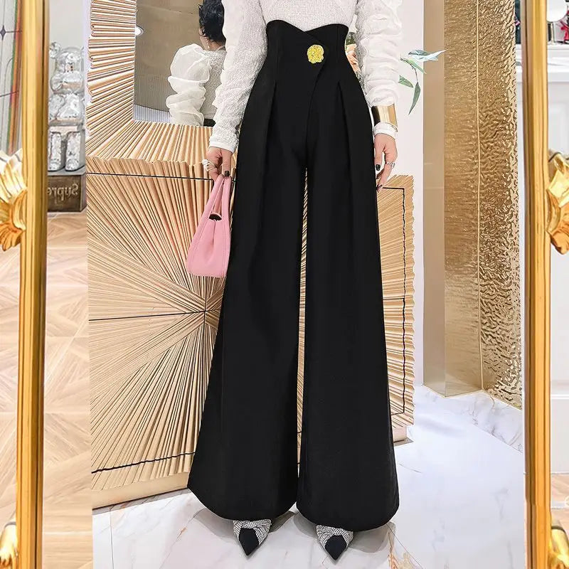 3D Decor Spliced Wide Leg Waist Ladies Pants