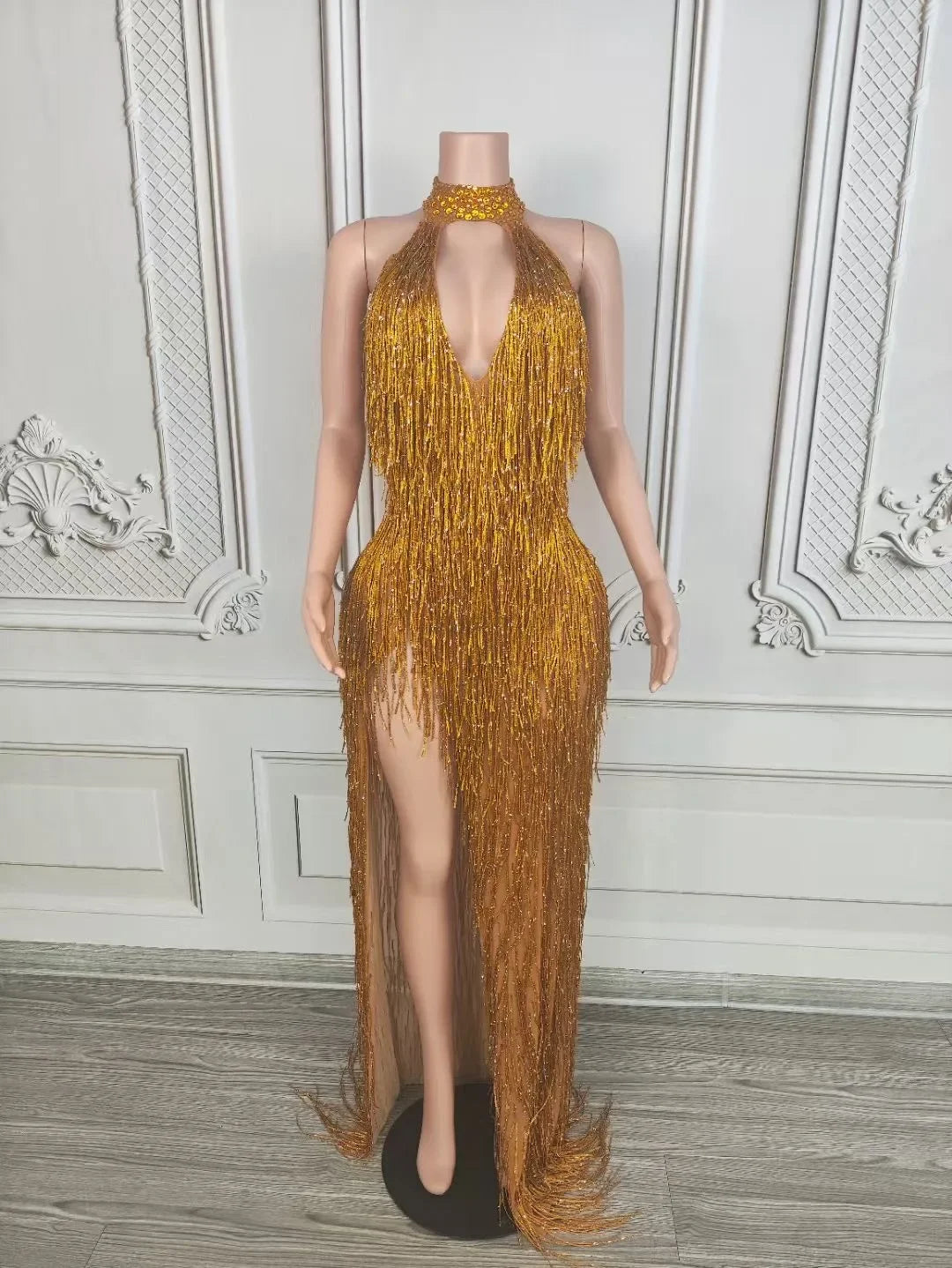 Rhinestone Tassel Fringe Sleeveless V-Neck Formal Evening Gown Maxi Dress
