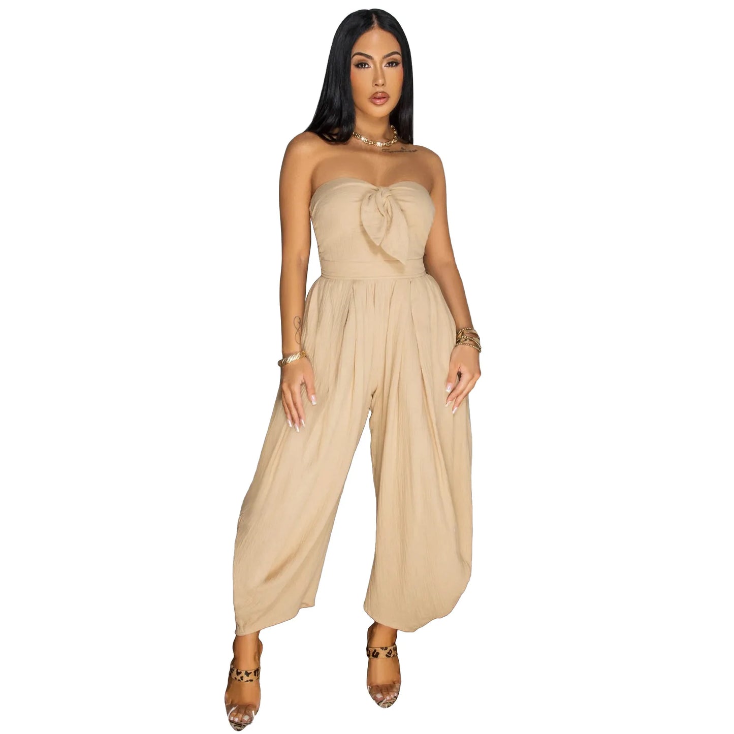 Sleeveless Bowknot Design Solid Color Baggy Tube Top Women's Jumpsuit