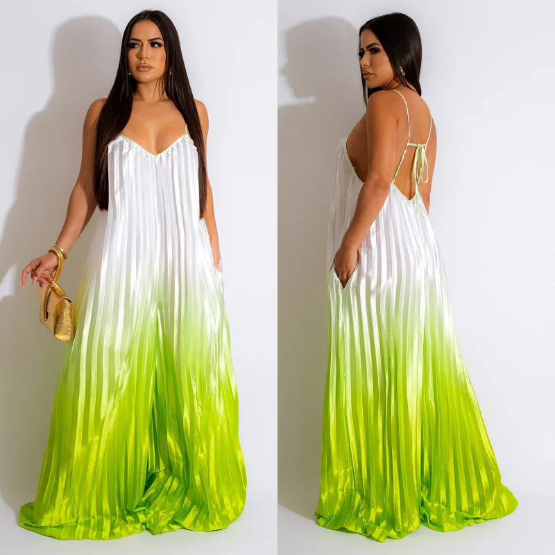 Gradient Colorblock Pleated Oversized V-Neck Spaghetti Strap Sleeveless Lace-Up Backless Wide Leg Jumpsuit