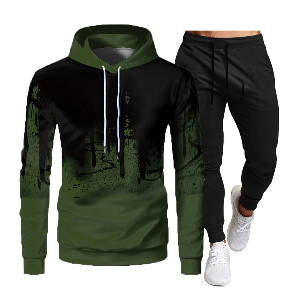 Men's Pullover Inkjet Gradient Print Drawstring Hoodie Sweatshirt + Jogger Sweatpants Tracksuit