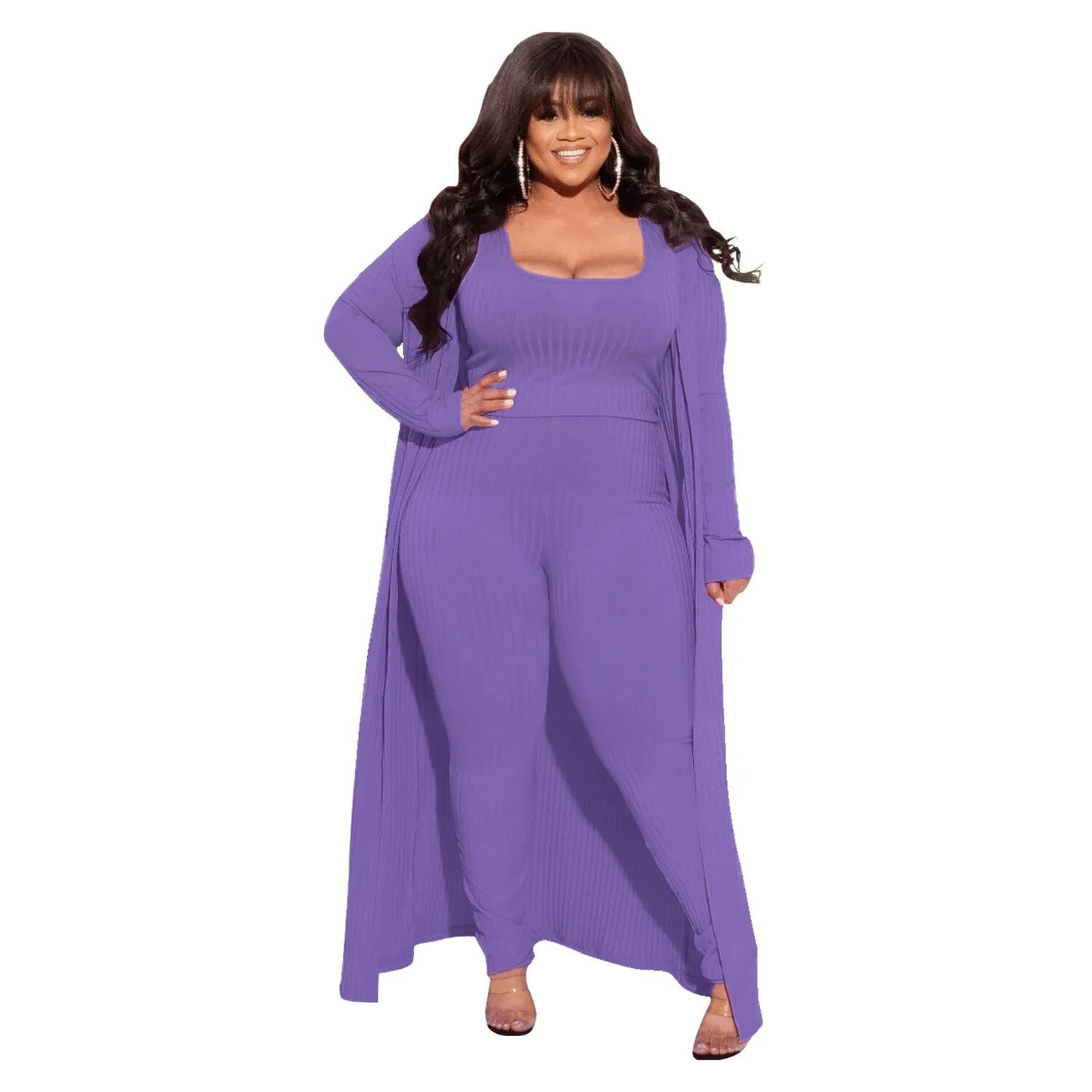 Plus Size Long Sleeves Cardigan + Matching Jumpsuit 2-Piece Set to 4X