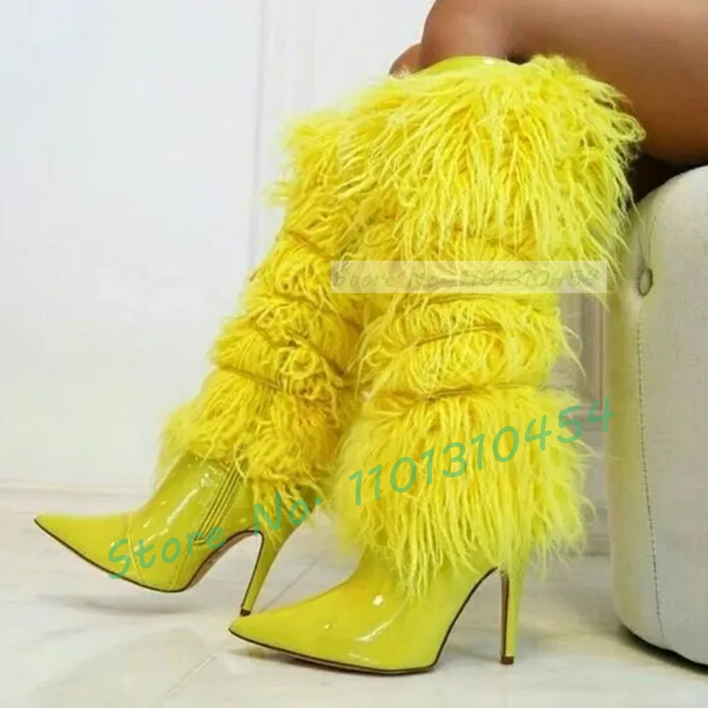 Yellow Glossy Patent Leather Curly Faux Fur Women's Pointed Toe Crosstied Knee-High Boots