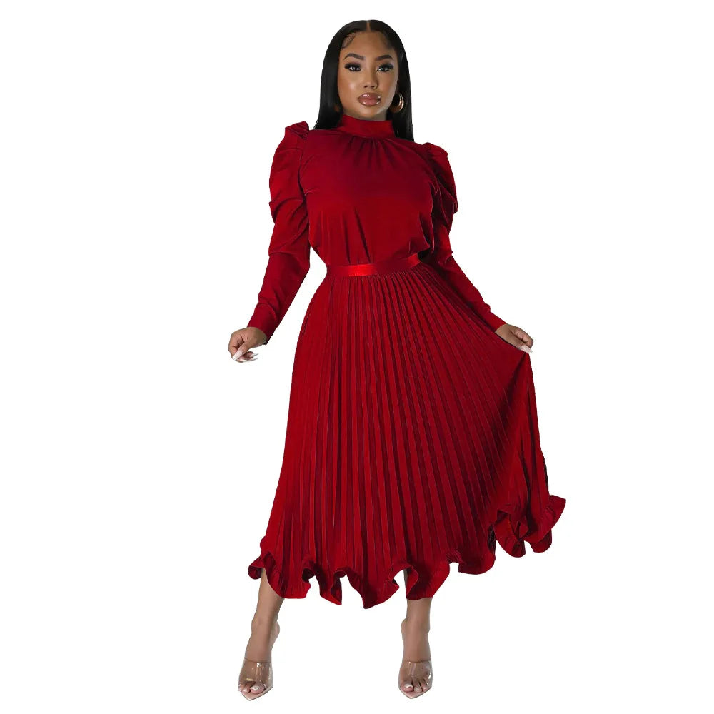 Women’s Solid Color O-Neck Lantern Sleeve Blouse + A-Line Flounce Formal Pleated Maxi Skirt w/ Sash Belt 2-Piece Set