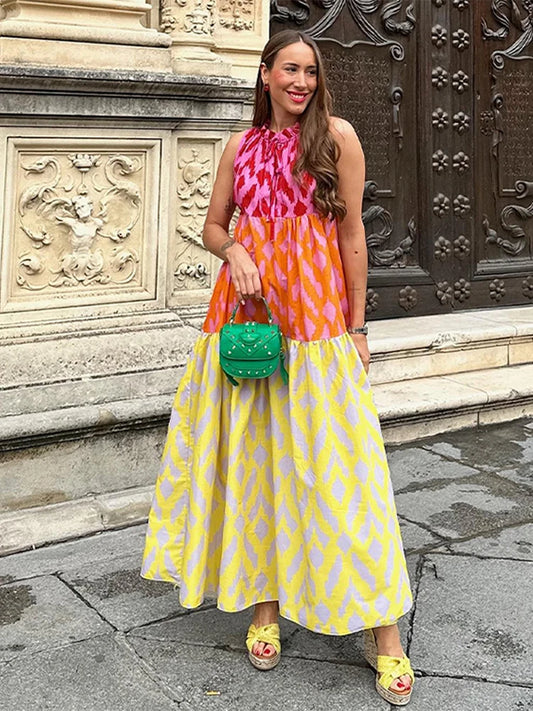 Geometric Colorblock Patchwork Printed Round Neck Sleeveless Big Swing Maxi Dress
