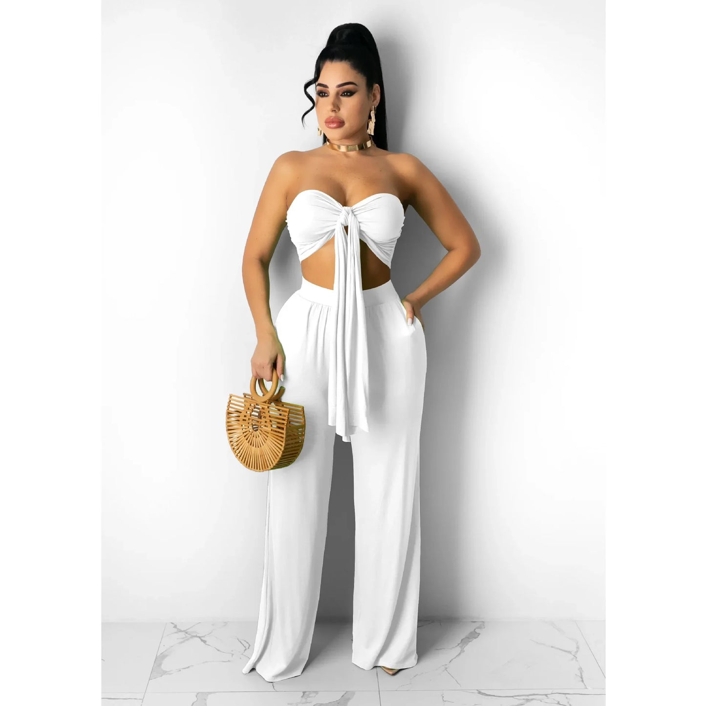 Strapless Hollow-Out  Hatler Neck Crop Top + Leggings Bodycon Solid Color Women's 2-Piece Set