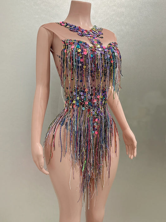 Tassels Sequin Sexy Sleeveless Sheath Dancer Performance Costume Bodysuit