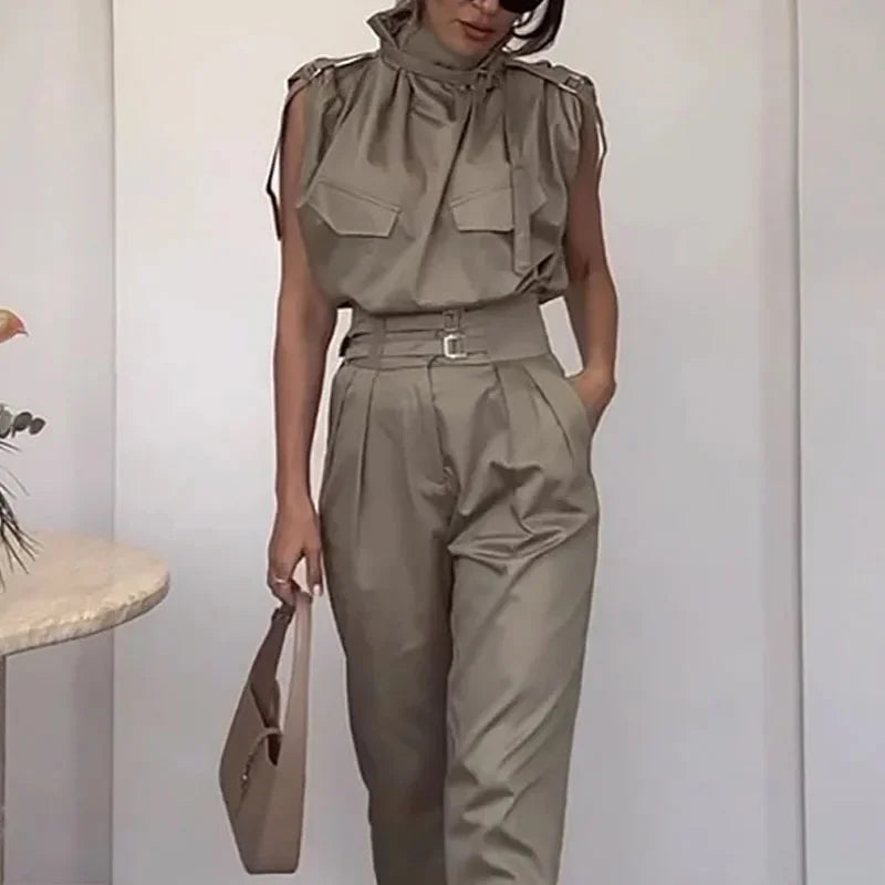 Short Sleeve Solid Statement Double Pocket High Neck Belted Blouse + Matching Pants 2-Piece Set