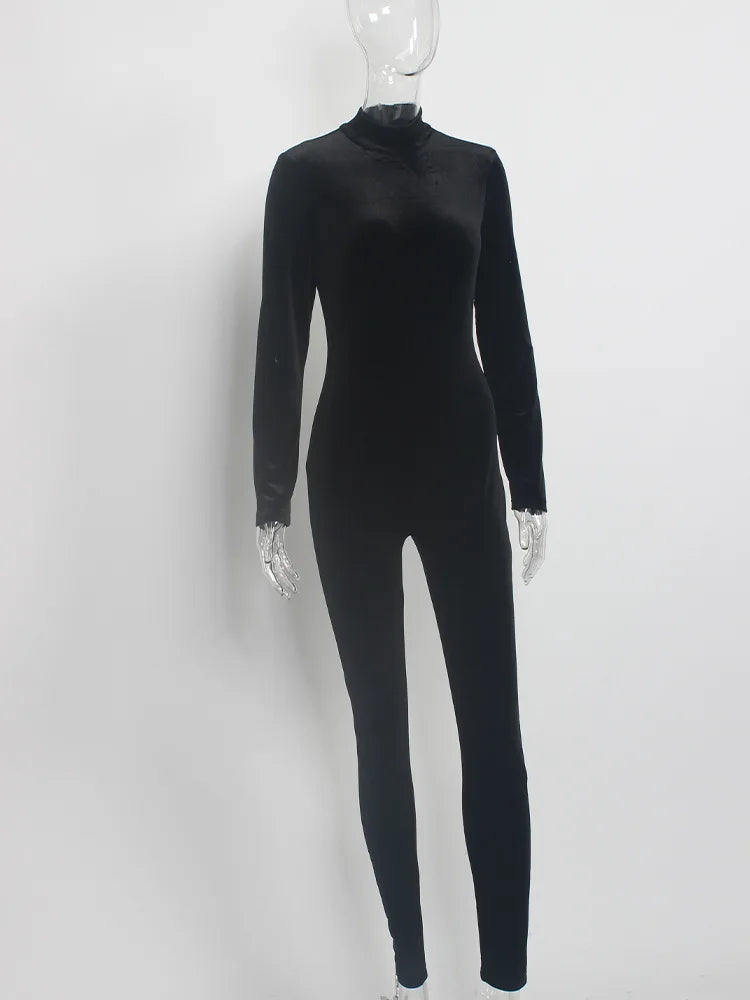 Velvet Black Turtleneck Solid Bodycon Long Sleeve Jumpsuit