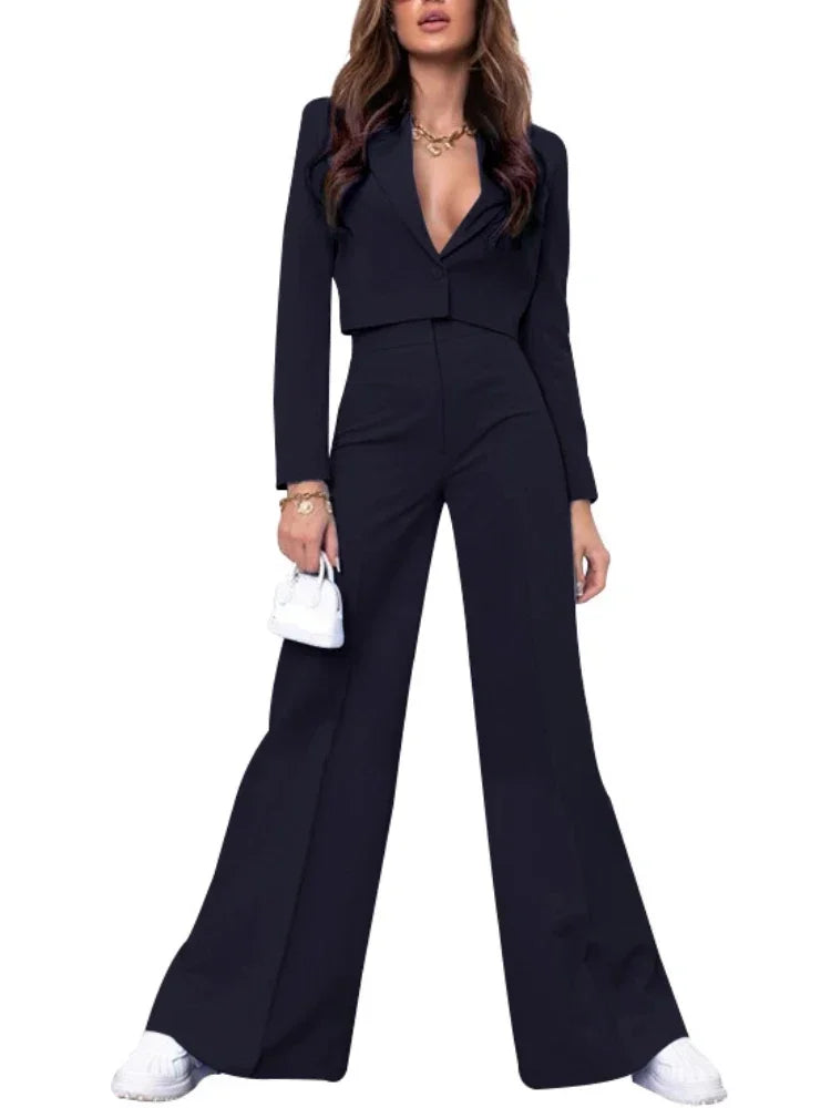 Cropped Notched Long Sleeve Blazer + High Waist Flared Leg Pants Women's Solid Color Business Suit