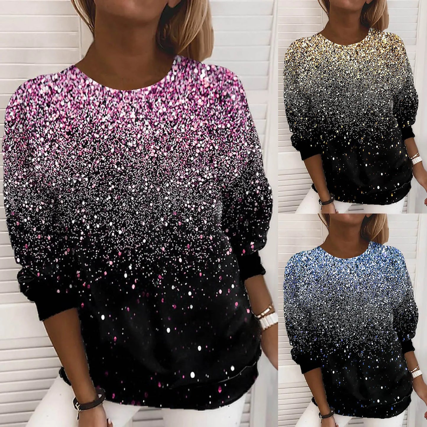 Glitter Gradient Ombre Women's Pullover O-Neck Rhinestone Long Sleeve Tops