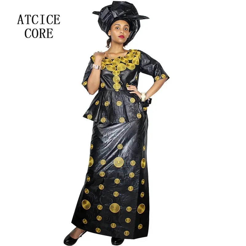 African Bazin Embroidered Design Women's Ruffled 2-Piece Maxi Skirt Suit w/ Head Wrap