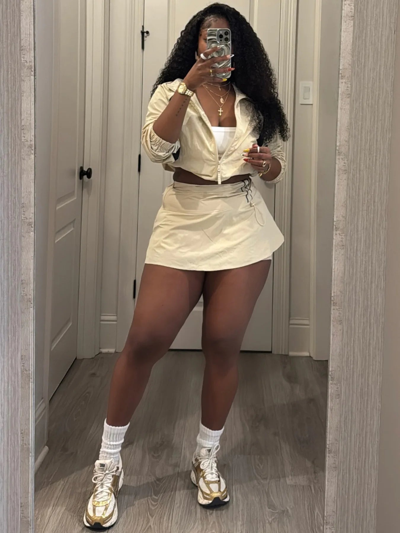 Striped Stand Collar Women's Zipper Fitness Jacket+ Drawstring Ruched Mini Tennis Skirt Solid Color 2-Piece Set
