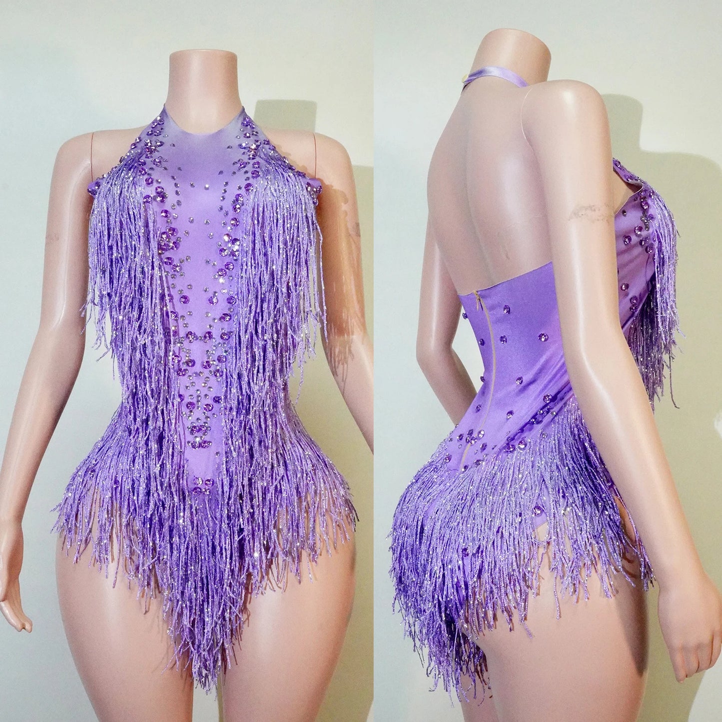 Tassel Fringe Design Sleeveless Zipper Back Sparkling Rhinestone Women's Formal Stage Dance Bodysuit