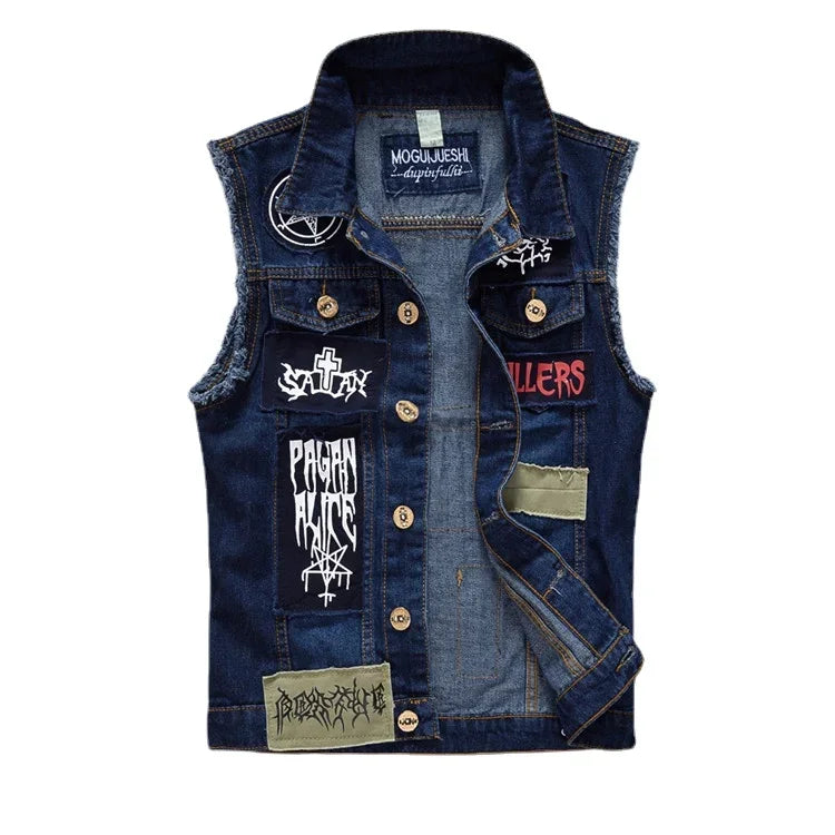 Men's Denim Ripped Skinny Punk Patchwork Sleeveless Button-Up Jean Vest