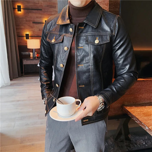 Men's Casual PU Leather Biker Motorcycle Zipper Jacket