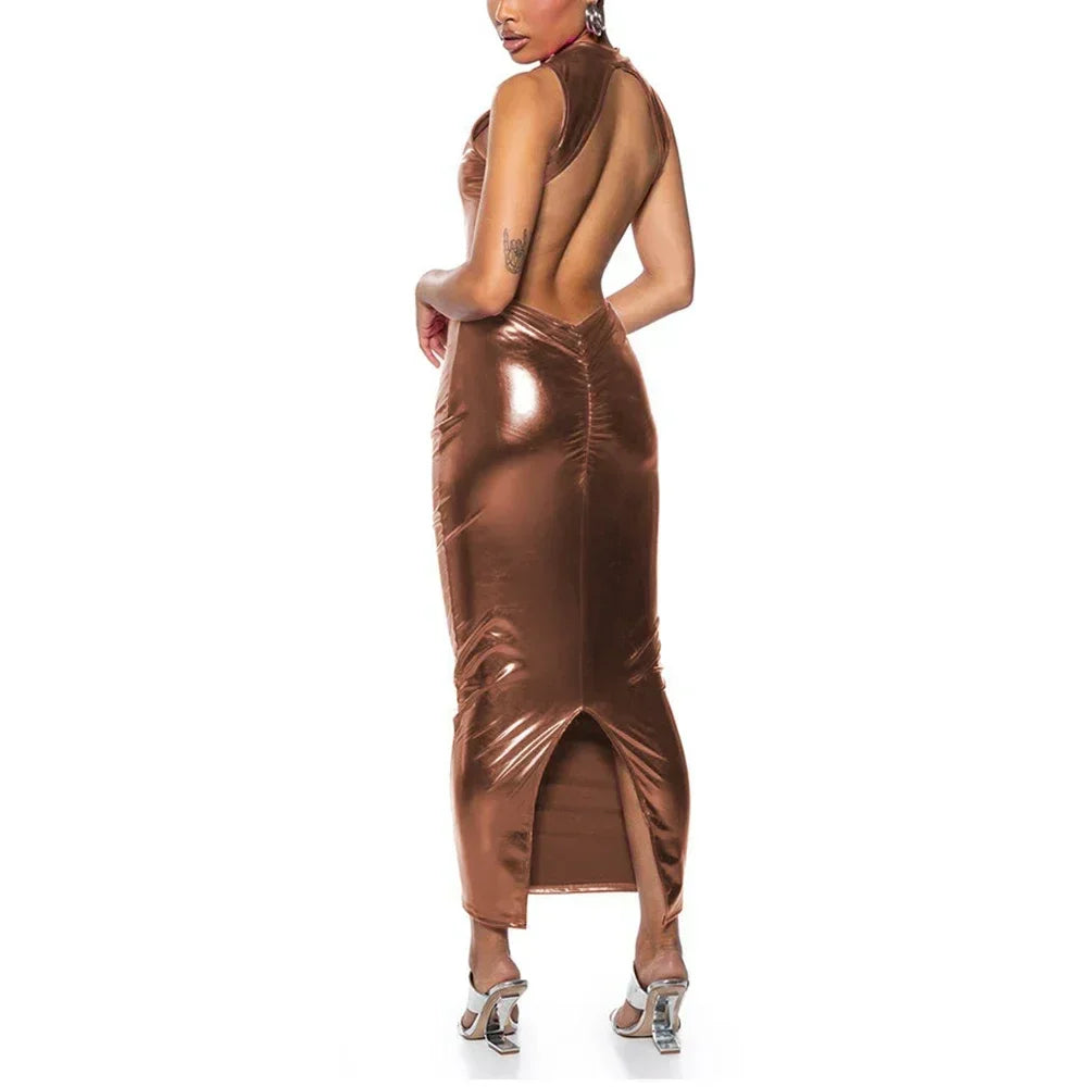 Shiny PU Leather Metallic Backless Sleeveless High Back Slit Bodycon Formal Maxi Party Dress to 3X Plus Size