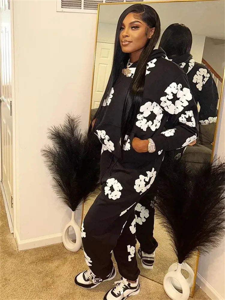 White Flower Print Long Sleeve Women's Hoodie Sweatshirt + Elastic Waist Loose Pants Tracksuit