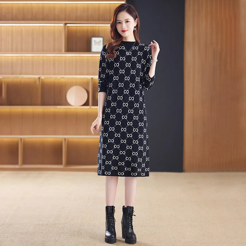 Vintage Geometric Monogram Print O-Neck Long Sleeve Midi Dress