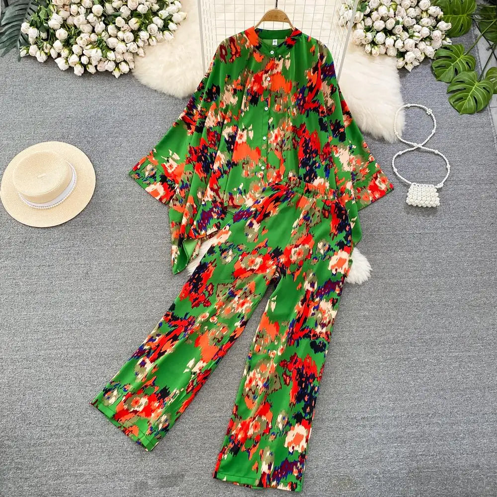 Fashion New Women Casual Loose Floral Trousers Suit Boho Elegant Maxi Shirts Blouses Wide-Leg Pantsuit Female Party Two Pieces