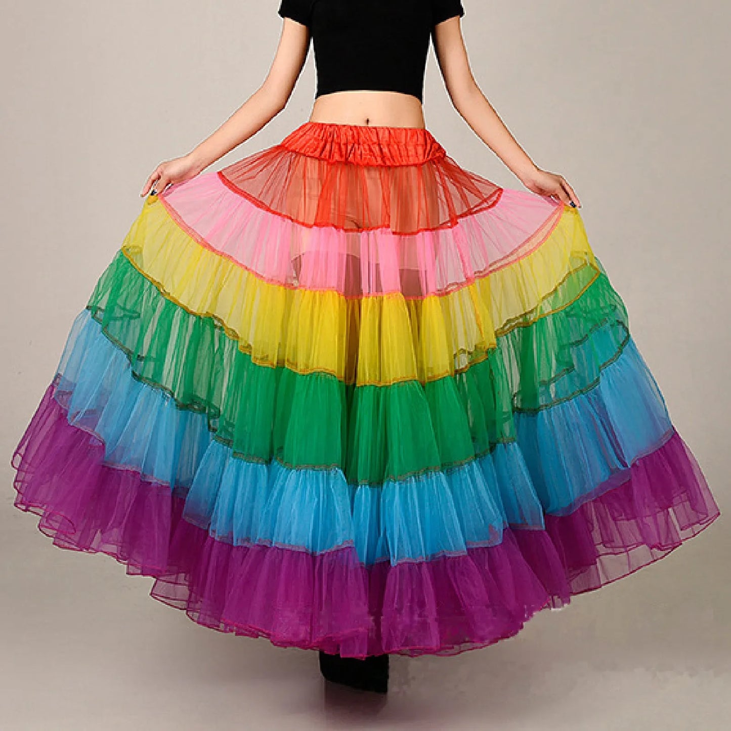 Rainbow Striped Print Oversized Multi-Layer Tulle Flared Big Swing Tutu Maxi Skirt