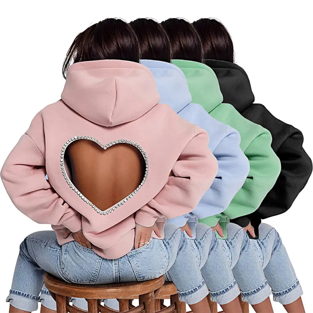 Heart Shape Ladies Backless Hollow-Out Rhinestone Pullover Solid Color Hoodie