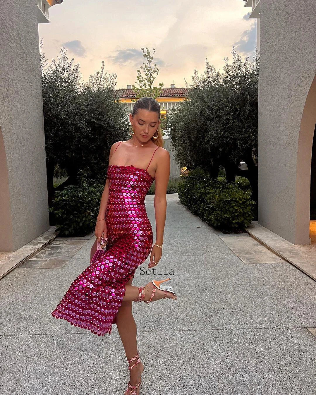 Sparkling Sequin Sleeveless Solid Backless Spaghetti Strap Formal Maxi Party Dress