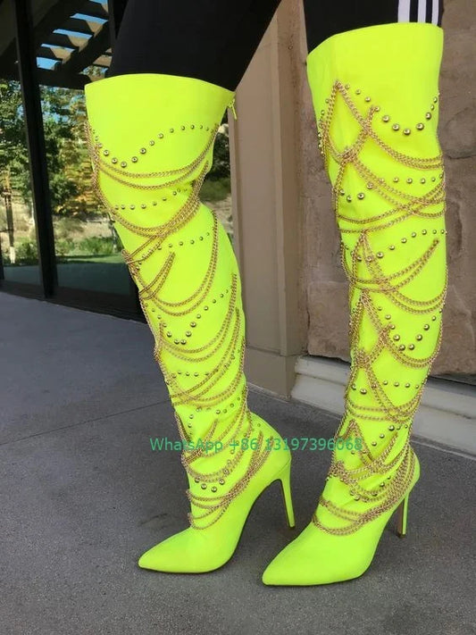 Neon Yellow Gladiator Crystal Metallic Stud Gold Chain Design Knee-High Women's Pointed Toe Boots