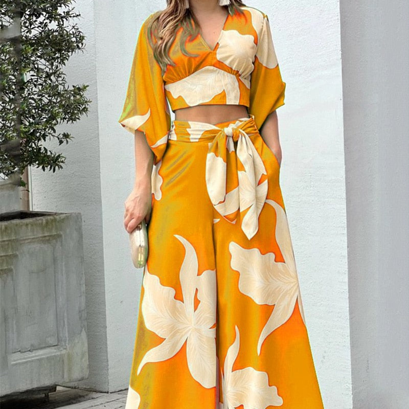 Floral Printed High Waist Wide Pants 3-Piece Set