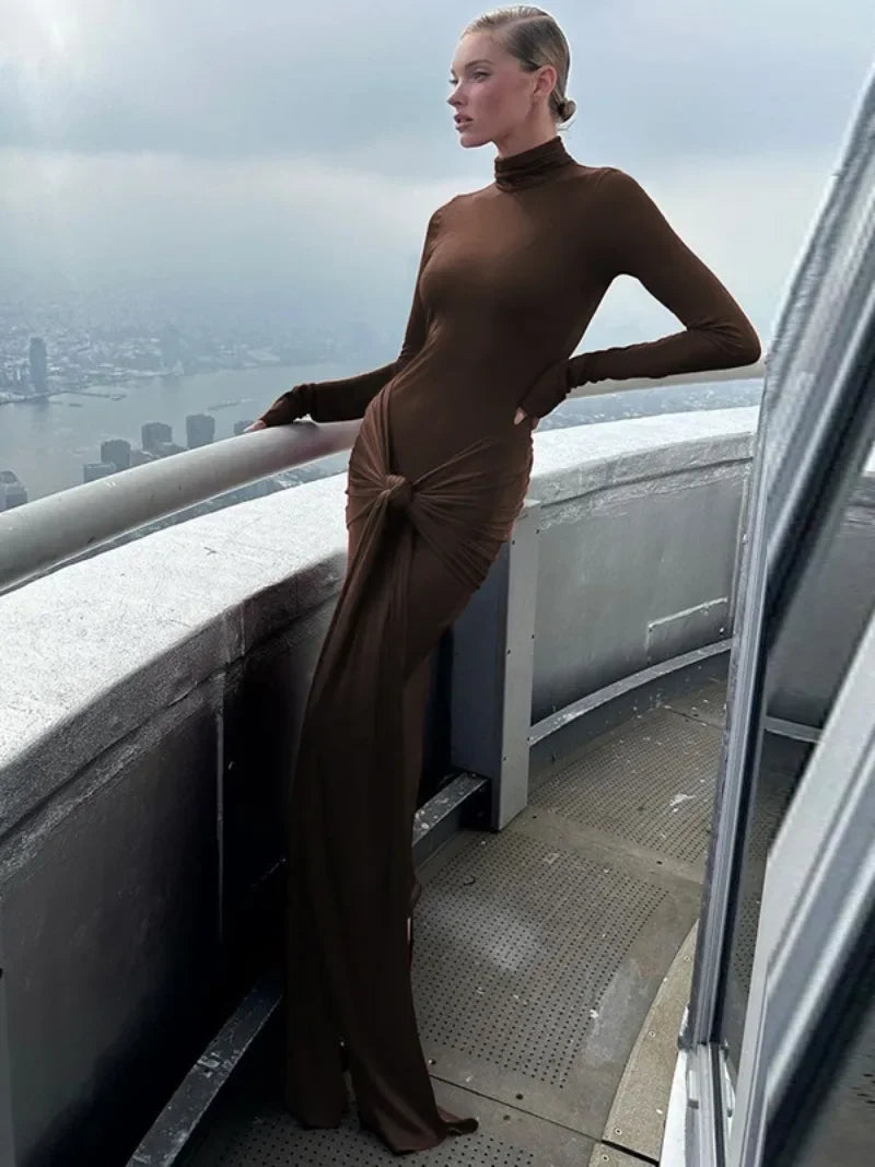 Criss Cross Turtleneck Bandage Bodycon Long Sleeve Maxi Dress