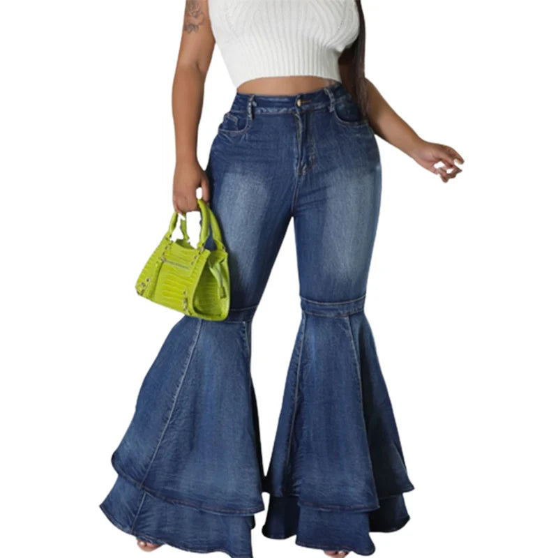 Denim Spliced Layered Flared Women's Stretch Bootcut Wide Leg Bellbottom Jeans