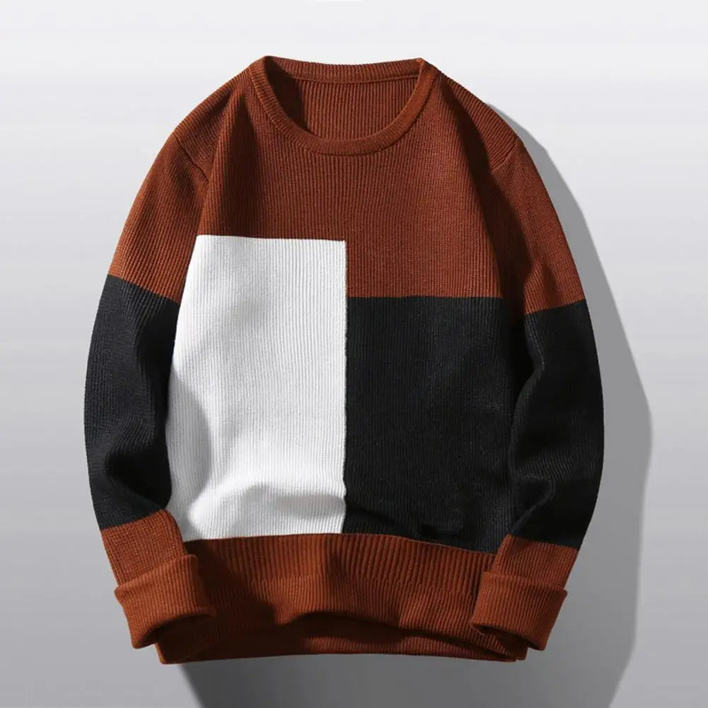 Men's Knitted Colorblock Long Lantern Sleeve Patchwork Round Neck Loose Sweater