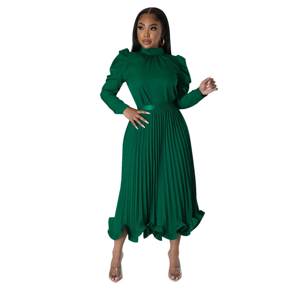 Women’s Solid Color O-Neck Lantern Sleeve Blouse + A-Line Flounce Formal Pleated Maxi Skirt w/ Sash Belt 2-Piece Set