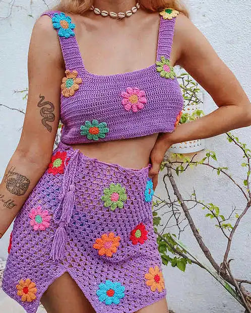 Crochet Big Flower Pattern Knitted Women's Sweater Tank Top + Drawstring Mini Skirt 2-Piece Set