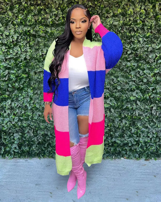 Striped Colorblock Women's Knitted Ribbed Patchwork Long Sleeve Open Stitch Slim Cardigan Oversized Maxi Sweaters