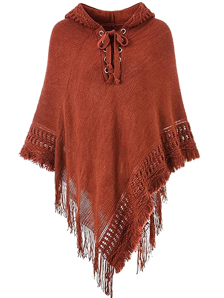 Fringe Tassel Women's Knitted Hooded Crochet Shawl Wrap Sweater