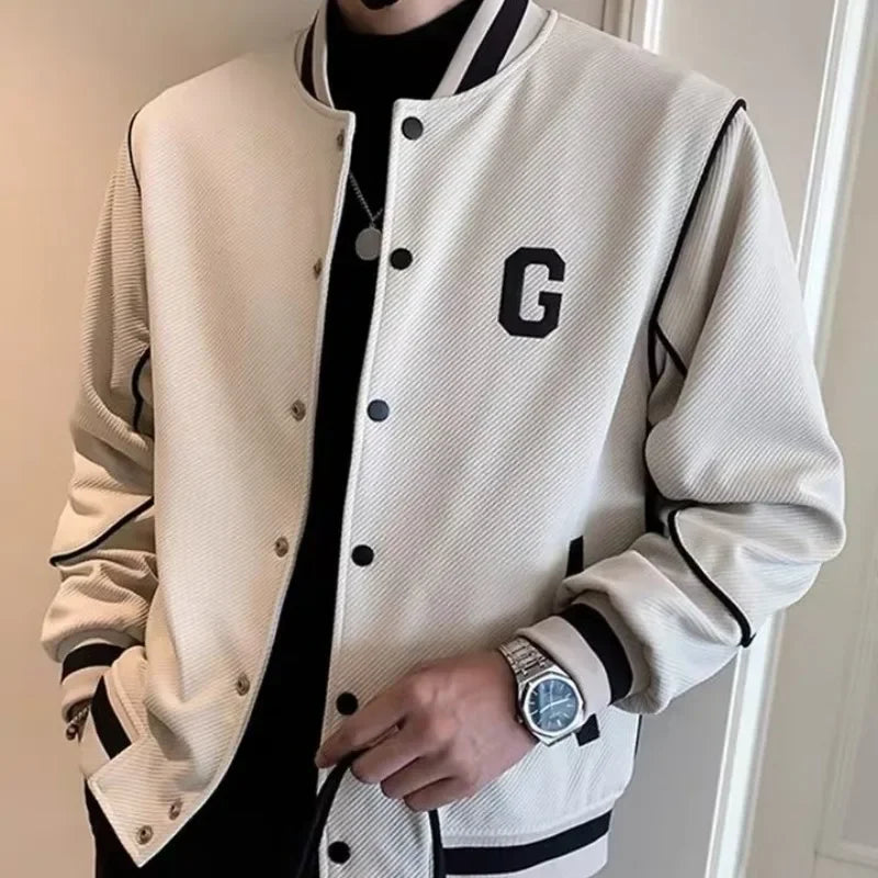 Men's "B" Letter Print Colorblock Side Striped Button-Up Stand Collar Baseball Bomber Jacket