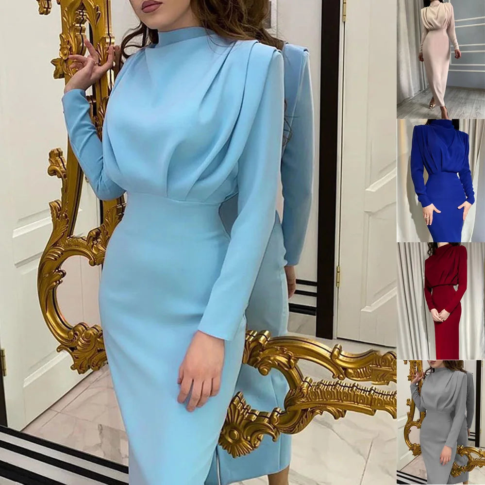 Turtleneck Ruched Solid Color Bodycon Long Sleeve Skinny Maxi Party Dress