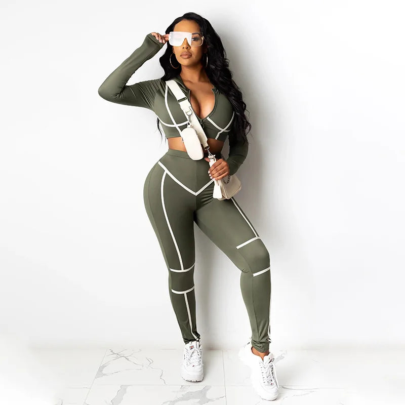 Striped Line Design Women's Cropped Zipper Sports Jacket + Sweatpants Tracksuit