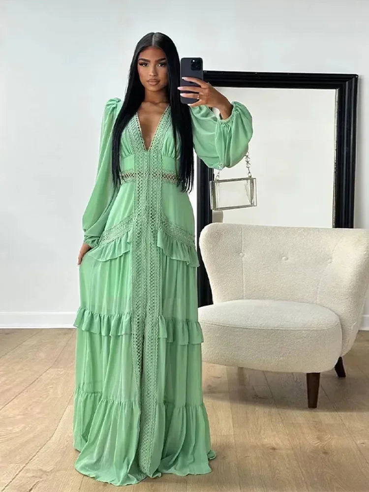Layered Bohemian Tiered Ruffled Patchwork Design V-Neck Long Puff Sleeve High Slit Maxi Dress