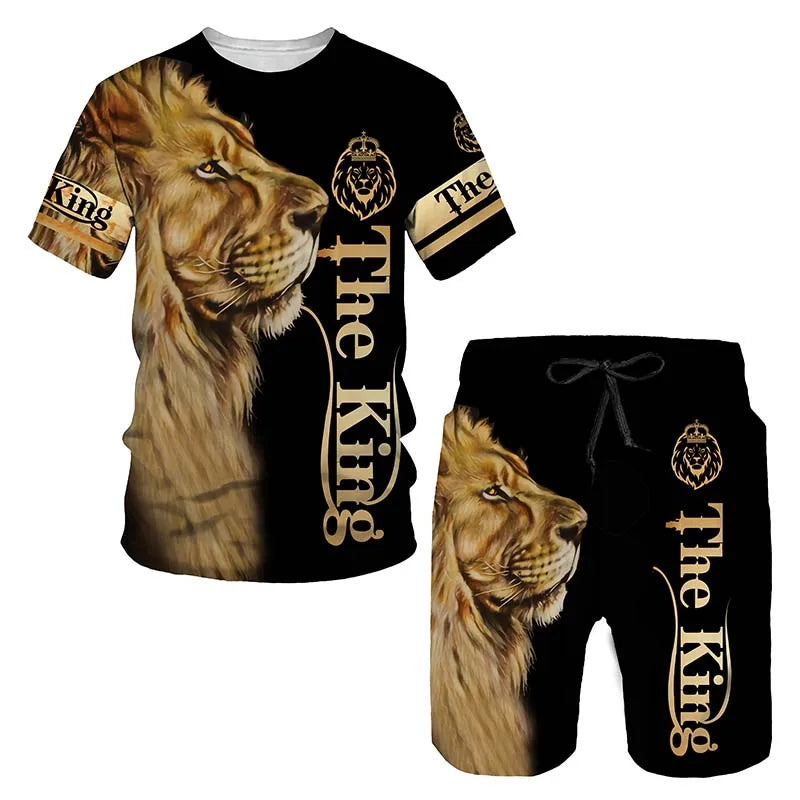 "The King" Lion 3D Graphic Men's Short Sleeve T-Shirt + Shorts 2-Piece Sets