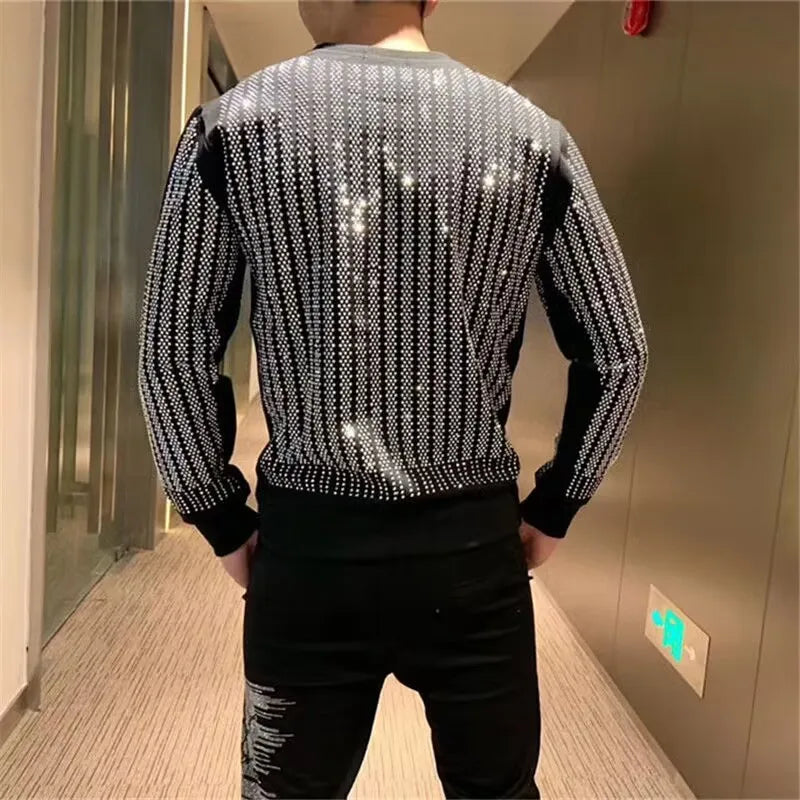 Men's Black Sliver Metallic Lion/Geometric Crystal Rhinestone Pullover Long Sleeve Hip-Hop O-Neck Sweatshirt