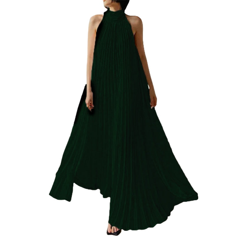 Sleeveless Halter Neck Pleated Party Loose A-Line Maxi Dress