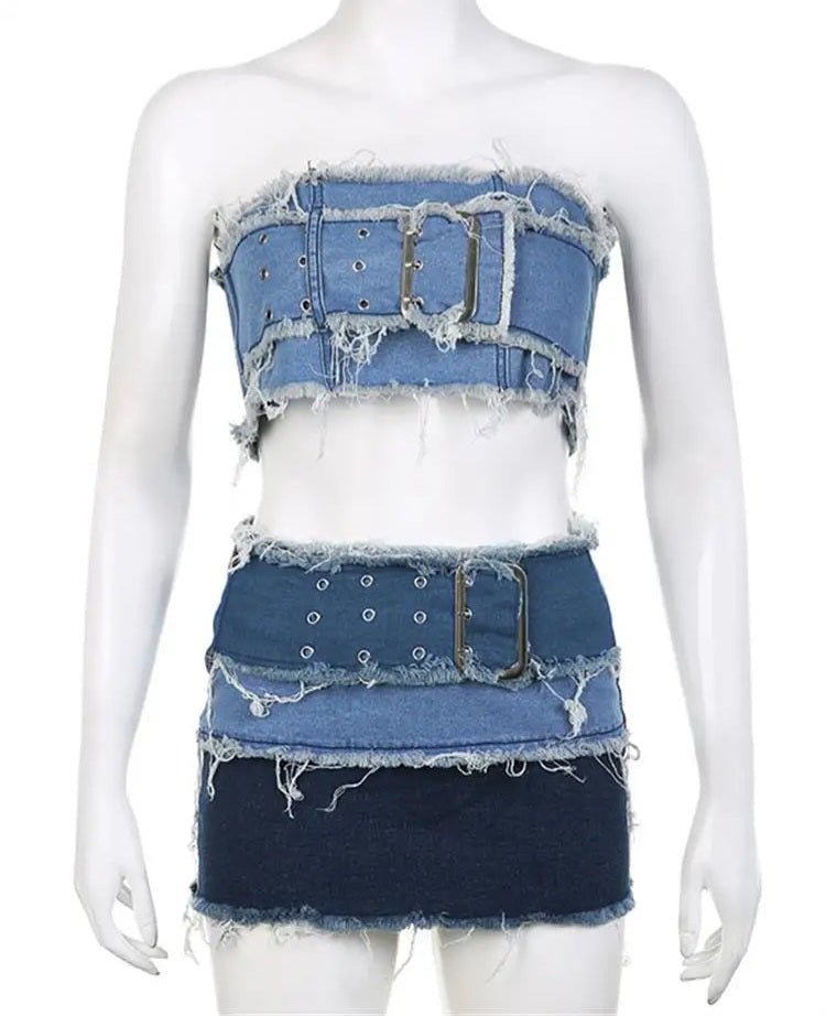 Blue Colorblock Strapless Belt Buckle Design Denim Cropped Bra + Belted Mini Jean Skirt 2-Piece Set