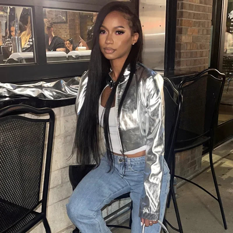 Silver Metallic PU Leather Stand Collar Women's Zipper Jacket