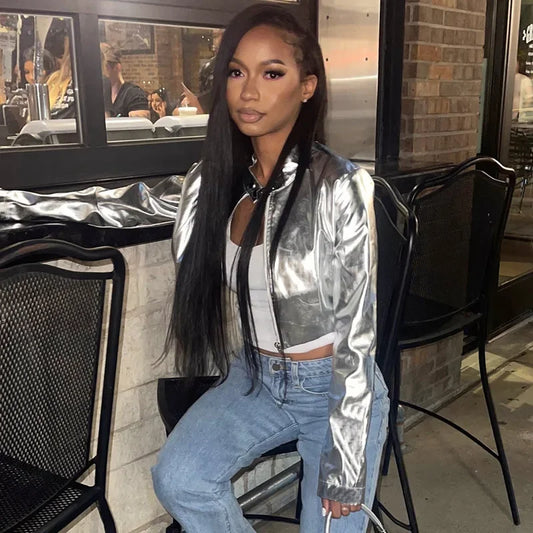 Silver Metallic PU Leather Stand Collar Women's Zipper Jacket