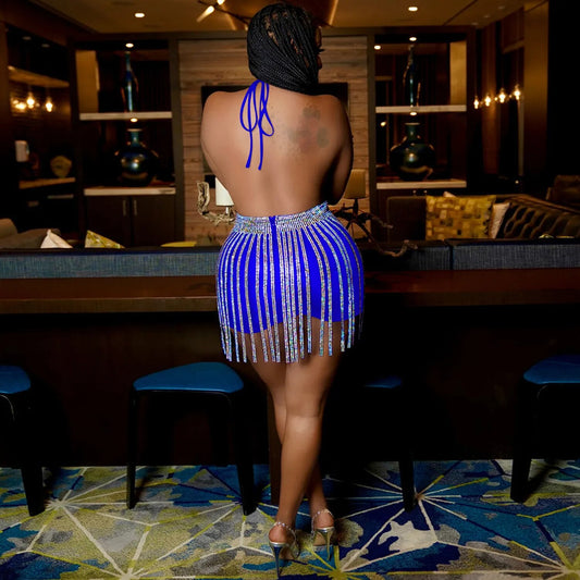 Hot Drill Halter Lace-Up Backless V-Neck Bodysuit Top + Tassel Fringe Design Mini Skirt 2-Piece Sets