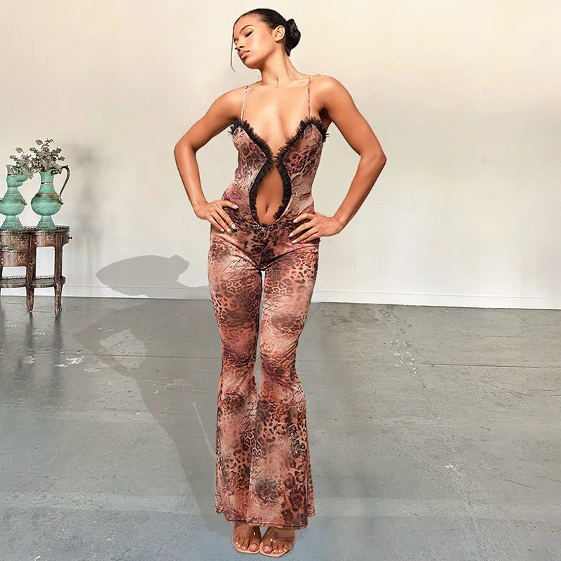 Brown Leopard Print Hollow-Out Halter Bellbottom Pant Jumpsuit