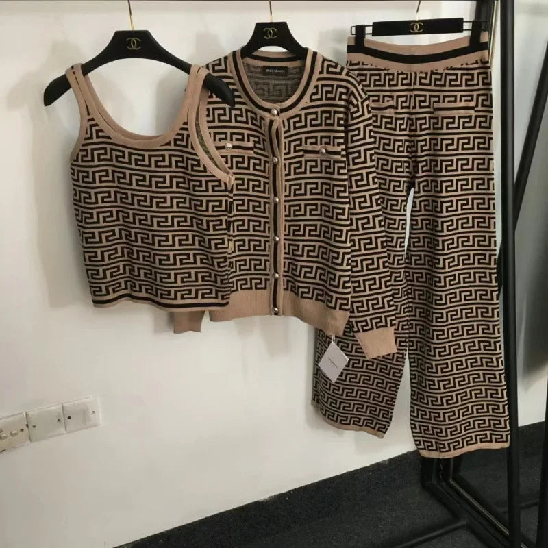 Geometric Colorblock Print Knitted Women's Open Cardigan Sweater + Matching Tank Vest Top + High Waist Wide Leg Pants 3-Piece Set